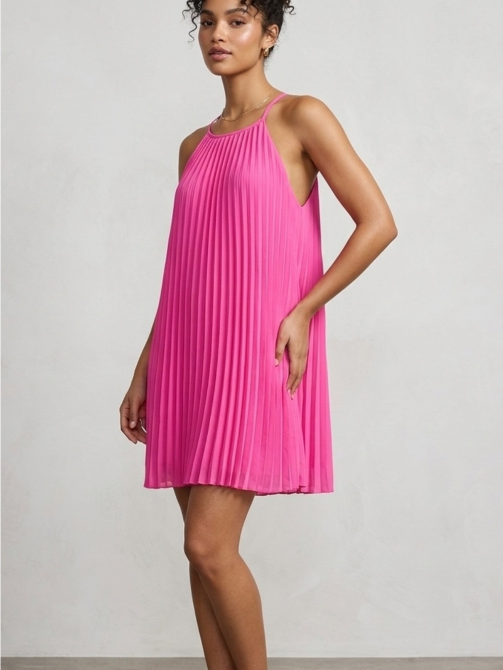 Pleated Mini Halter Dress in Bright Pink